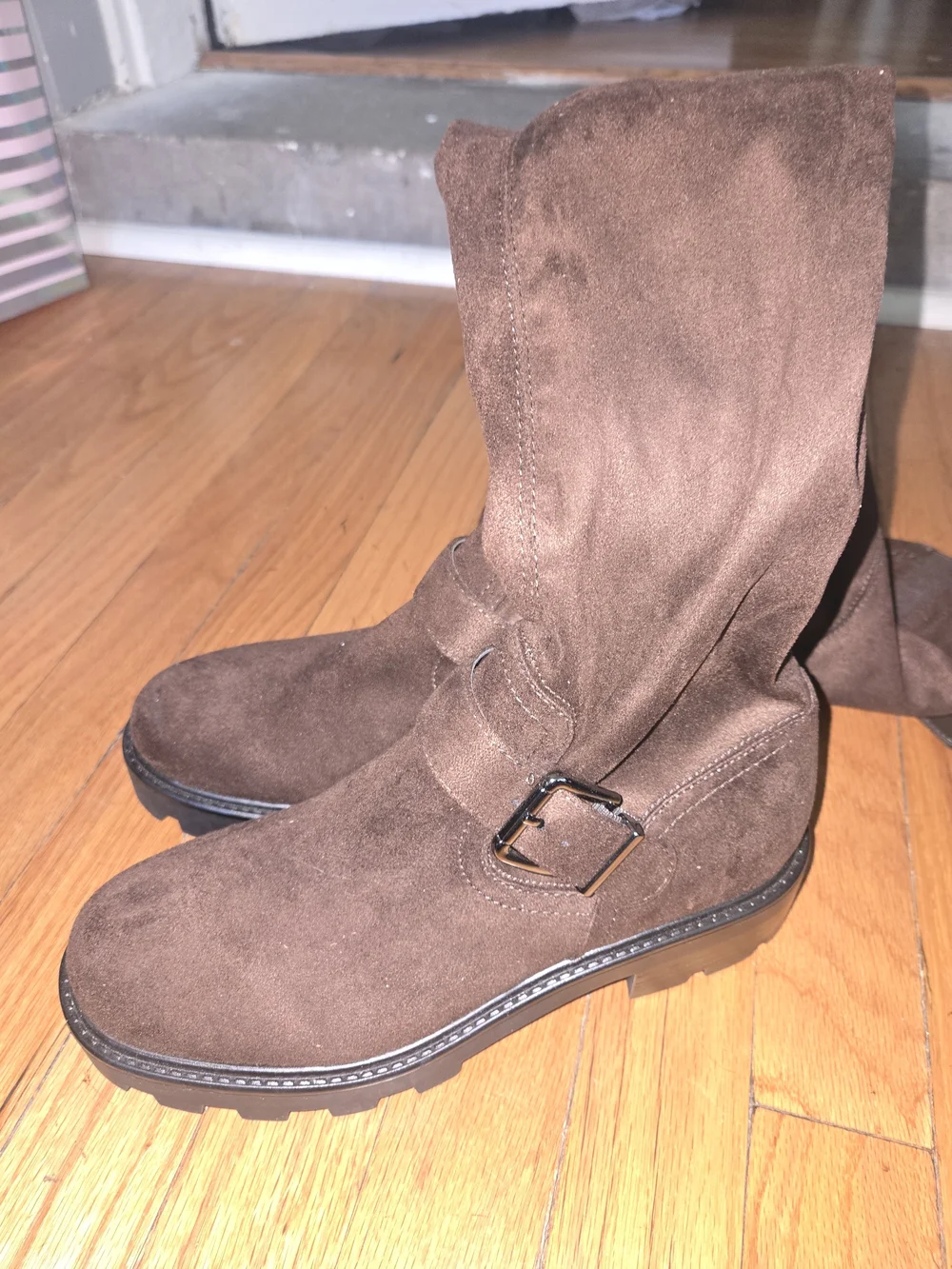 Brown Suede Buckle Mid-Calf Boots